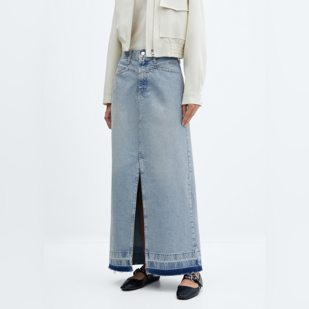 Mango Light Vintage Blue Frayed Denim Maxi Skirt Womens Size Medium